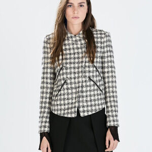 Zara Tweed Plaid Jacket Black Ivory Moto Check Front Zip Long Sleeve Sz M